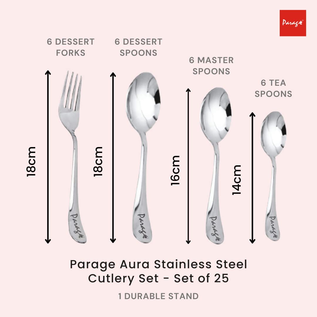 25pc Stainless Steel Aura Cutlery | Spoons Forks Stand | Silver