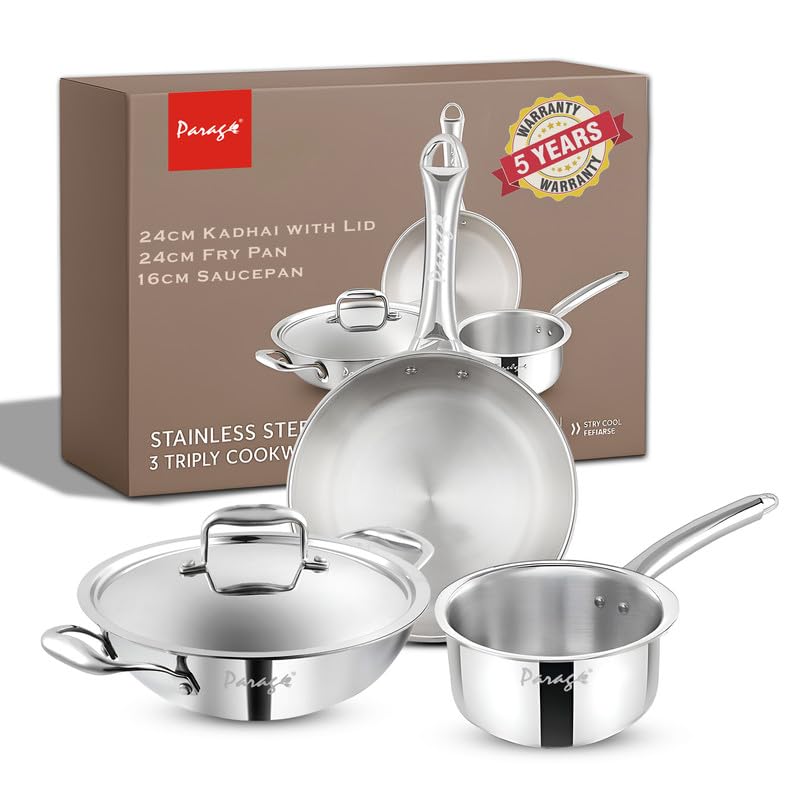Stainless Steel Cookware Set – 24 cm Kadhai with Lid, 24 cm Frypan & 16 cm Saucepan, Induction & Gas Compatible, Even Heat, Dishwasher Safe, 5-Year Warranty
