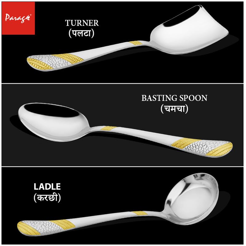 4 Pcs Stainless Steel Gold Serving Spoon Set for Kitchen & Dining – 1.8mm Heavy Gauge, 1 Soup Ladle, 1 Solid & 2 Rice Spoons, 24K Gold (Pack of 4)