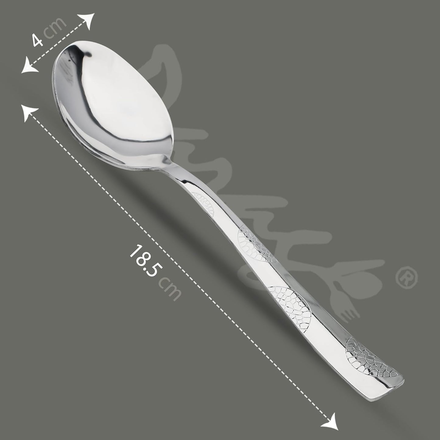 6 Pcs Stainless Steel Spoon Set – 18.5cm, Premium Large Spoons for Home & Kitchen, Luxury Tableware Cutlery, Housewarming Gift, Silver, Moonpress Design