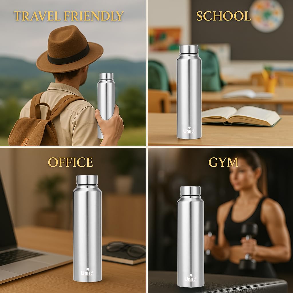 Stainless Steel Water Bottle 1L (Set of 4) | Leak-Proof, Rust-Free, BPA-Free | School, Gym, Travel