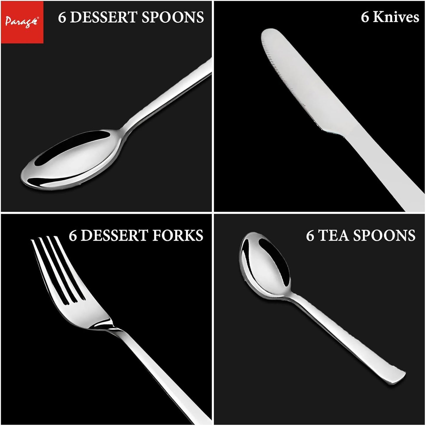 25-Piece Fantasy Stainless Steel Cutlery Set with Stand | Table Spoons, Tea Spoons, Forks & Knives, Silver