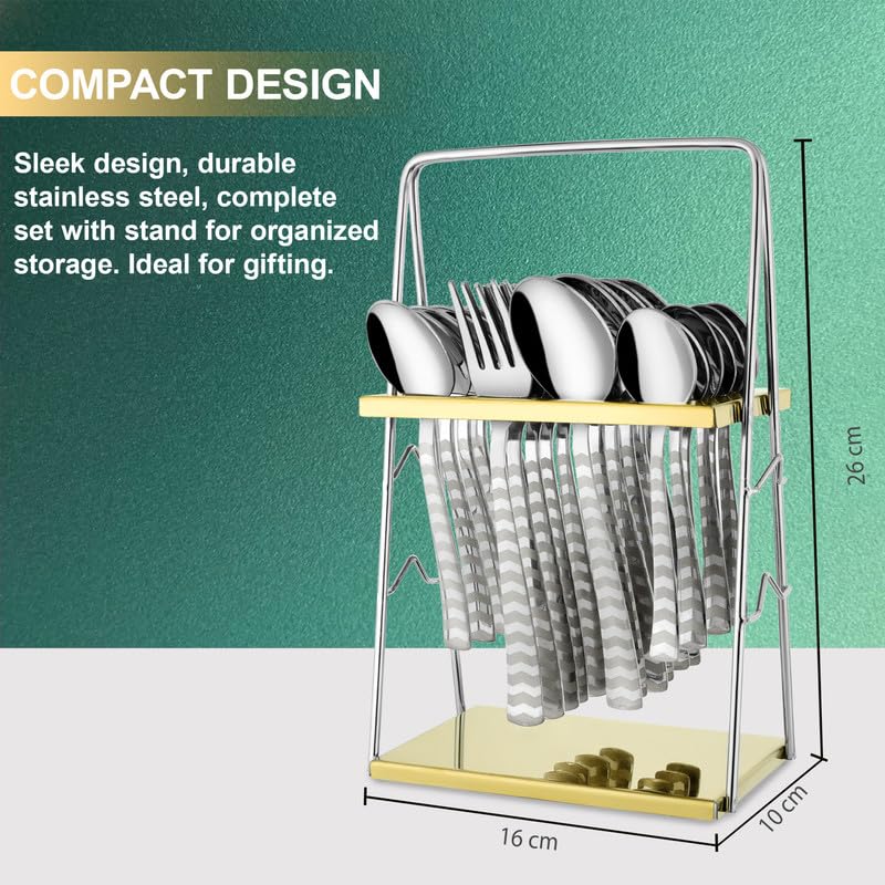 25 Pieces Regal Premium Stainless Steel Cutlery Set with Stand – Includes 6 Table Forks, 6 Table Spoons, 6 Dinner Spoons, 6 Tea Spoons, Stylish Spoon Set for Dining Table