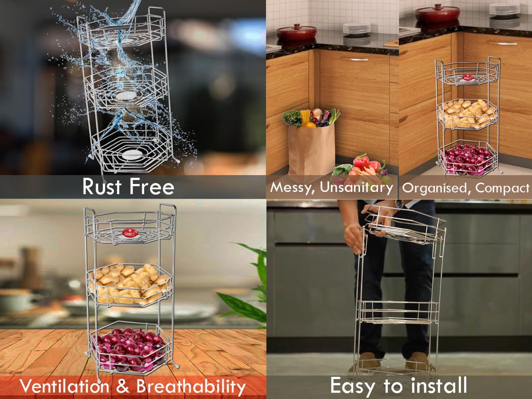 Stainless Steel 3 Tier Fruits and Vegetables Basket for Kitchen Storage, Rack Organizer for Home & Pantry (Hexa)