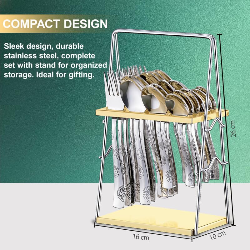 25 Pieces Regal Premium Stainless Steel Cutlery Set with Stand – Includes 6 Table Forks, 6 Table Spoons, 6 Dinner Spoons, 6 Tea Spoons, Stylish Spoon Set for Dining Table