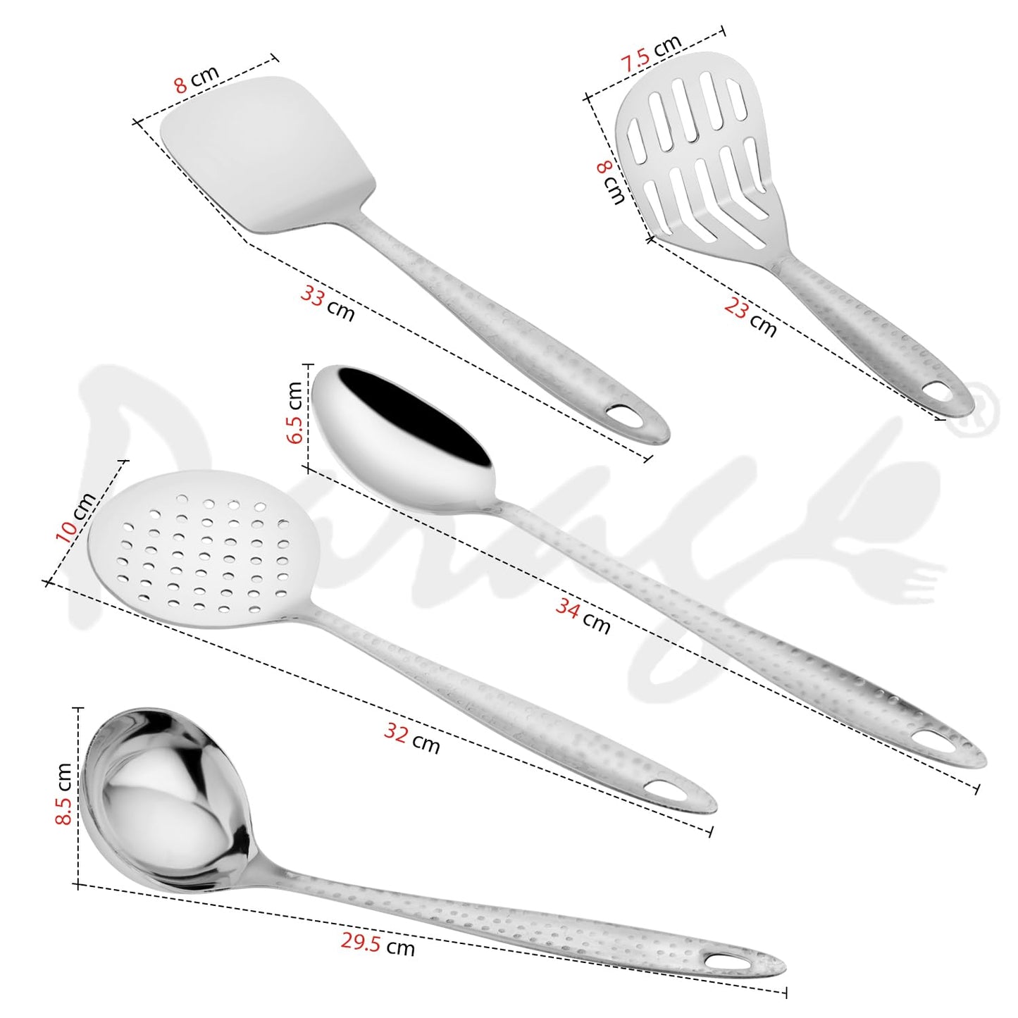 5 Pcs Stainless Steel Hammered Kitchen Tool Set for Cooking – 13” Spoons, Ladle, Skimmer, Turner, Spatula & Potato Masher, Silver