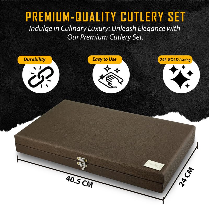 24 Pieces Premium Stainless Steel 24K Golden Cutlery Set for Home & Kitchen – Includes 6 Table Spoons, 6 Table Forks, 6 Dinner Spoons, 6 Tea Spoons, 24K Gold Plated, Leatherite Gift Box