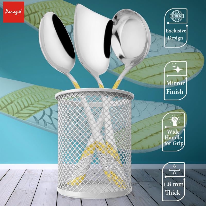 3 Pcs Stainless Steel Gold Serving Spoon Set for Kitchen & Dining – 1.8mm Heavy Gauge, 1 Soup Ladle, 1 Solid & 1 Rice Spoon, 24K Gold (Pack of 3)