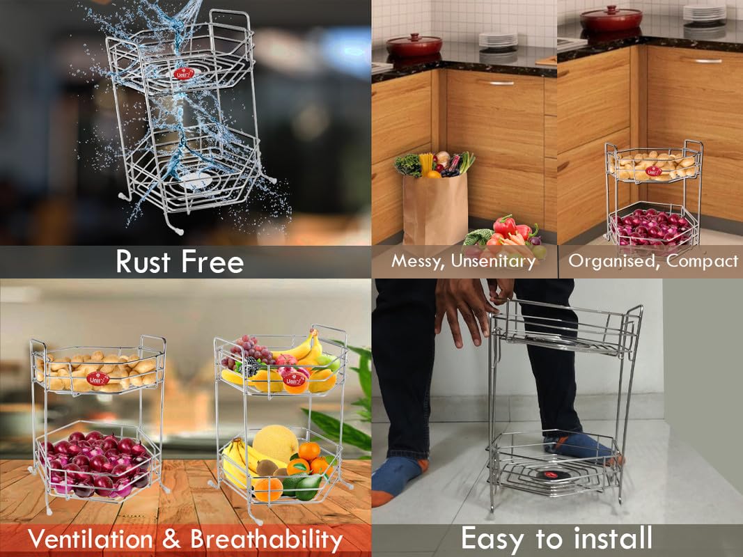 Stainless Steel 2 Tier Fruits and Vegetables Basket for Kitchen Storage, Rack Organizer for Home & Pantry (Hexa)