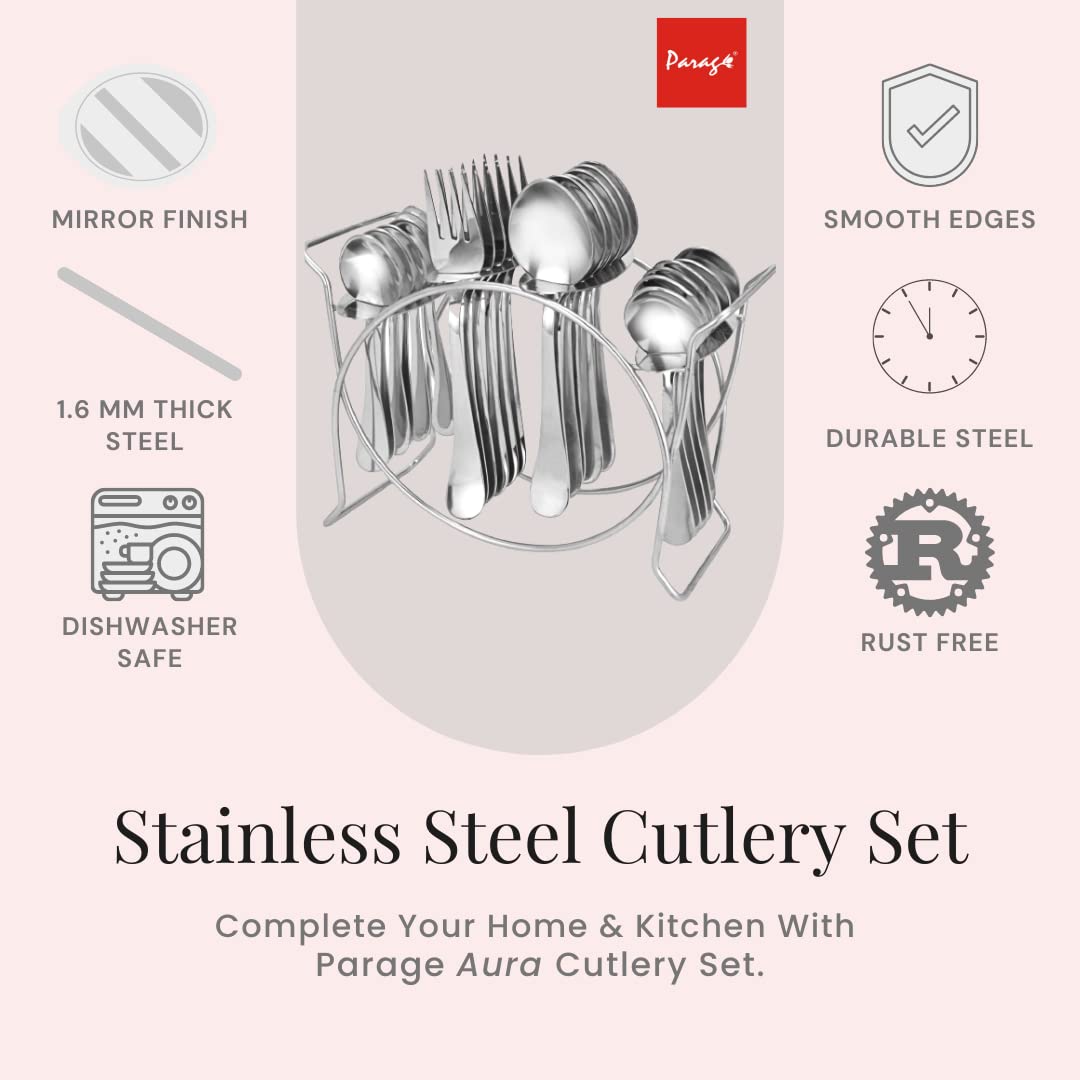 25pc Stainless Steel Aura Cutlery | Spoons Forks Stand | Silver
