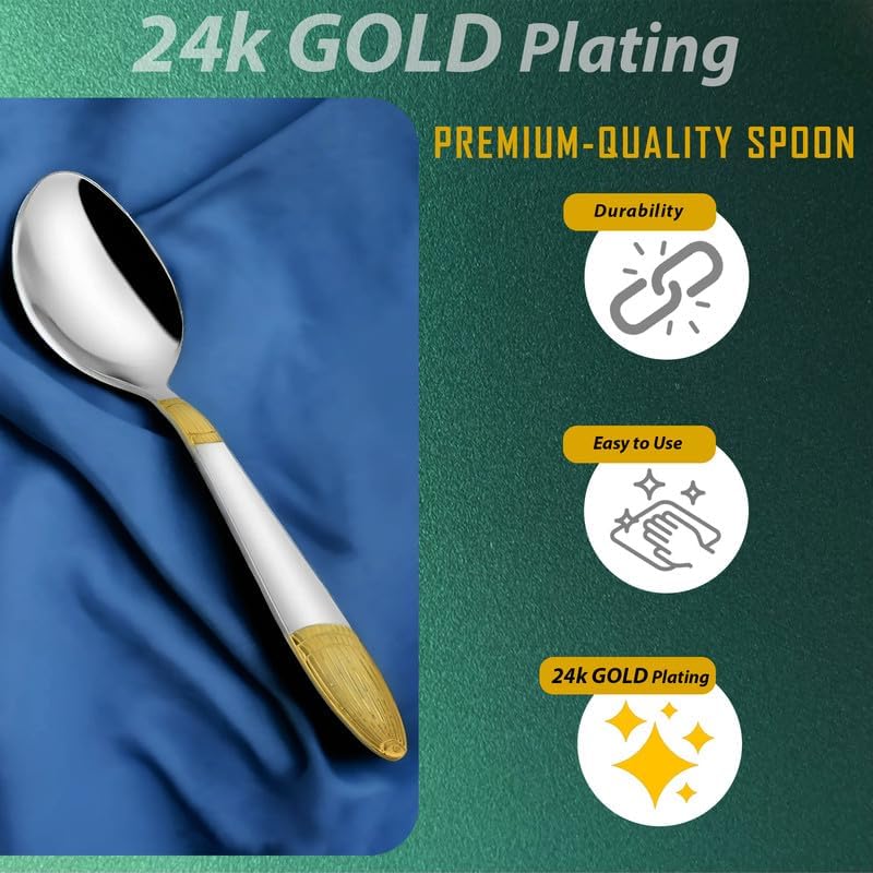 6 Pcs Stainless Steel 24K Gold Dinner Spoon Set – 16cm, Premium Spoons for Home & Kitchen, Luxury Tableware, Housewarming Gift, Ivory Design