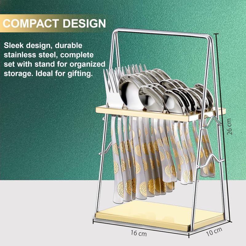 25 Pieces 24K Gold Stainless Steel Cutlery Set – Table Spoons, Forks & Stand