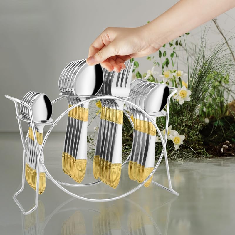 25 Pieces Ivory Gold Stainless Steel Cutlery Set with Stand, 24K Gold Plated Spoons & Forks, Elegant Dining Set (Ivory)