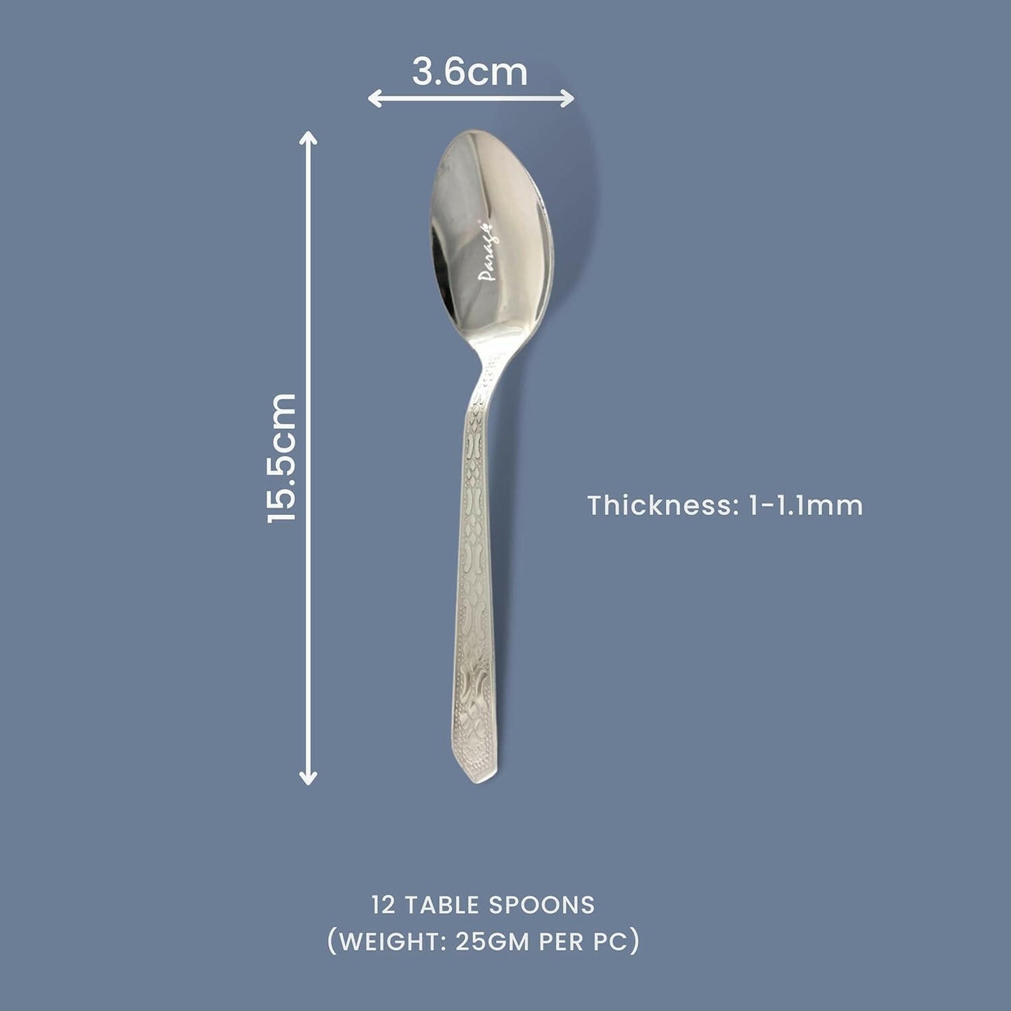 12 Pieces Stainless Steel Dinner Spoon | 15.5cm Long Cutlery, Silver