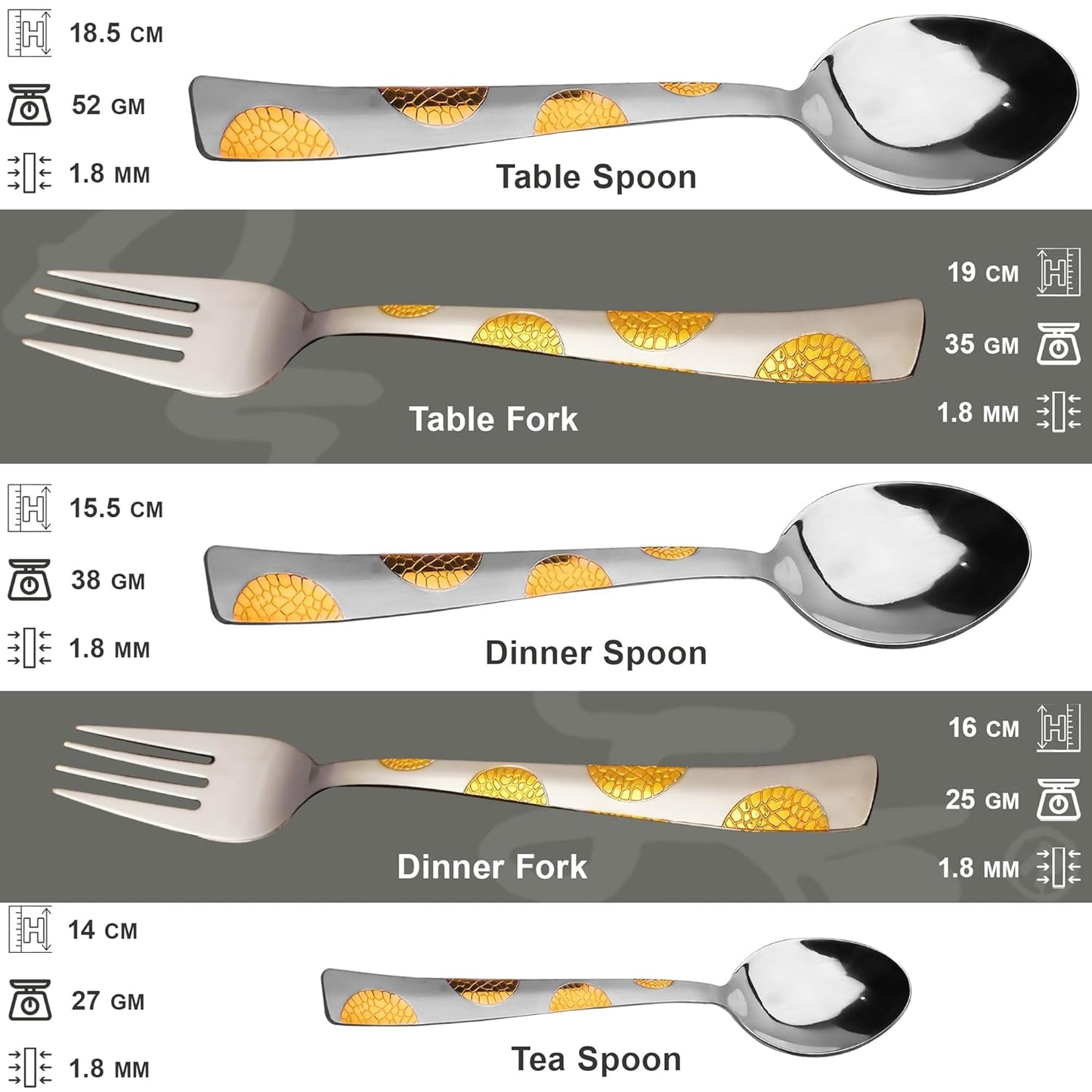 6 Pcs Stainless Steel 24K Gold Spoon Set – 18.5cm, Premium Large Spoons for Home & Kitchen, Luxury Tableware, Housewarming Gift, Moonpress Design