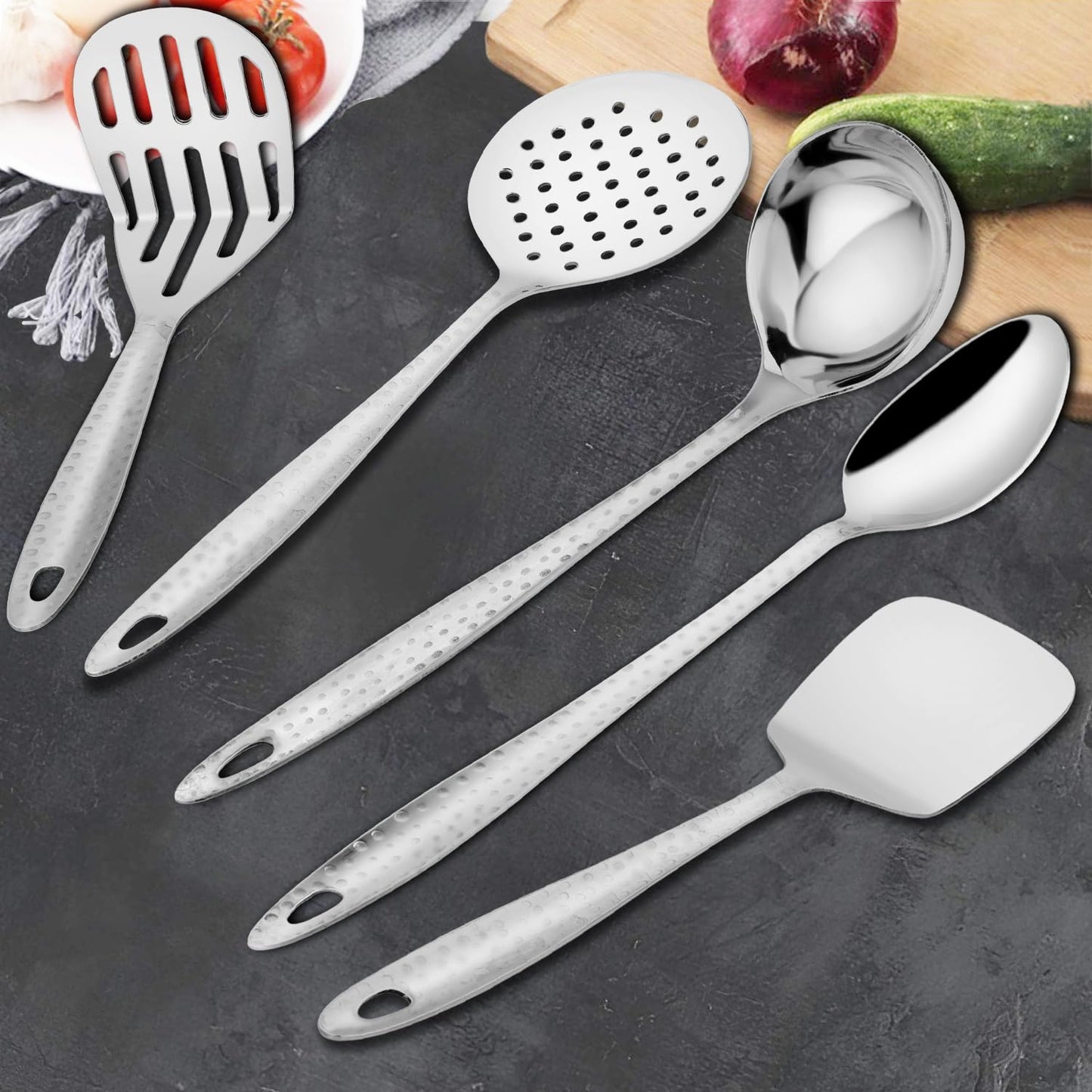 5 Pcs Stainless Steel Hammered Kitchen Tool Set for Cooking – 13” Spoons, Ladle, Skimmer, Turner, Spatula & Potato Masher, Silver