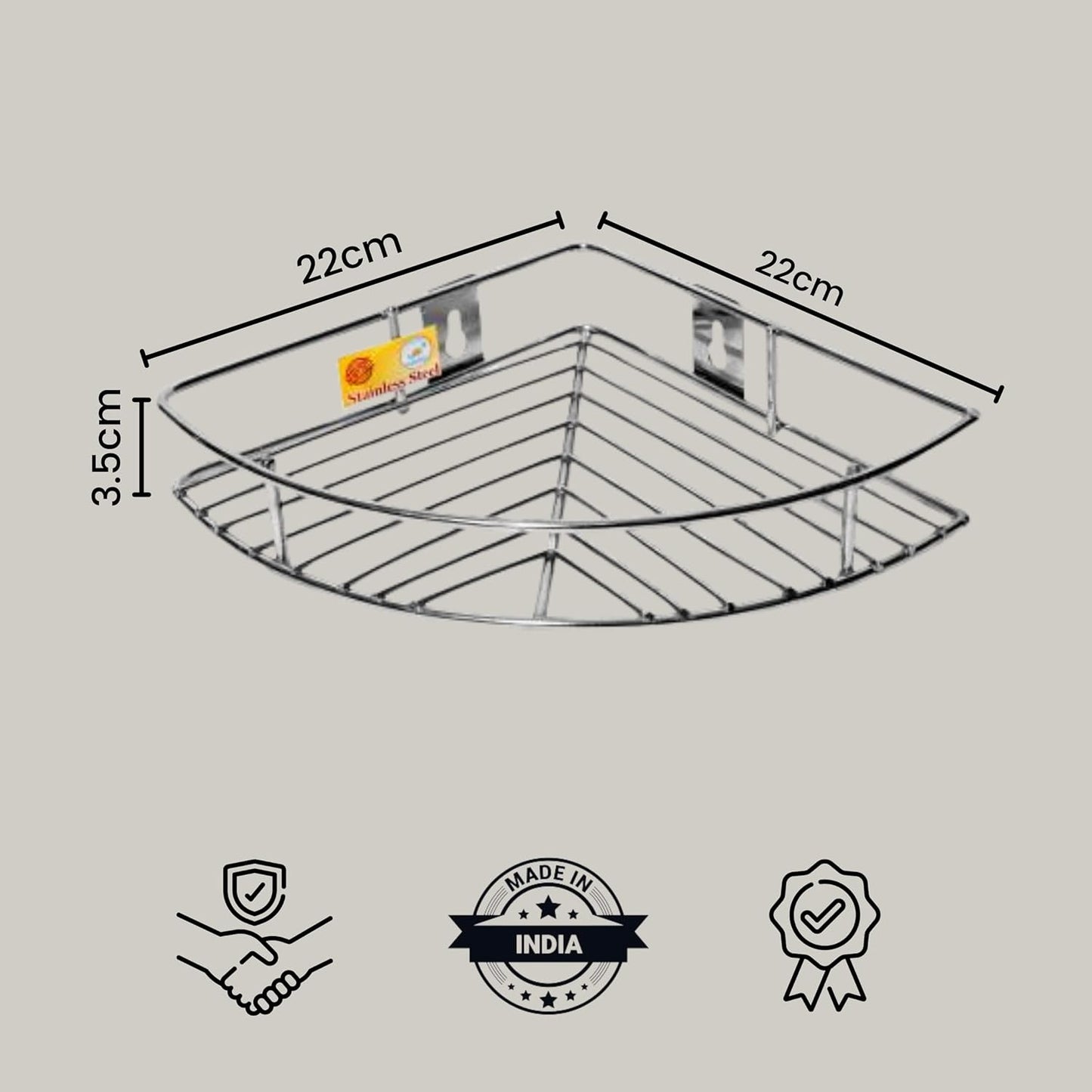 3 Pcs Stainless Steel Multipurpose Corner Shelf Rack – Organizer for Kitchen & Bathroom, Wall-Mounted, 23×23×5 cm, Chrome Finish