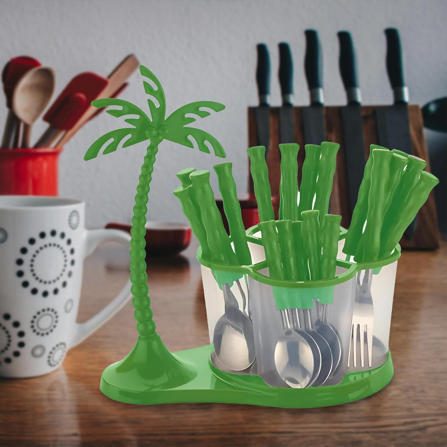 25 Pcs Stainless Steel Cutlery Set with Stand & Storage Box for Kitchen | Green