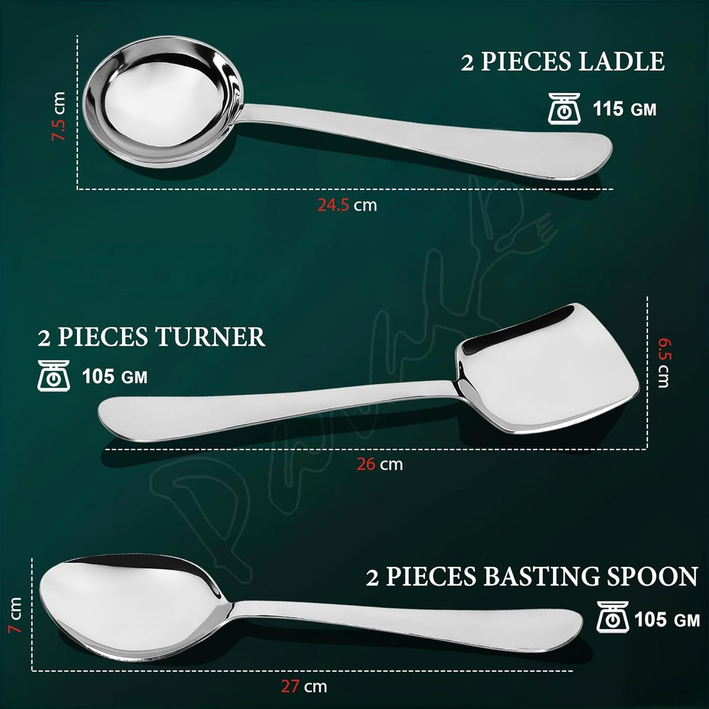 6 Pcs Stainless Steel Serving Spoon Set for Kitchen & Dining – 1.8mm Heavy Gauge, 2 Soup Ladles, 2 Solid & 2 Rice Spoons, Silver
