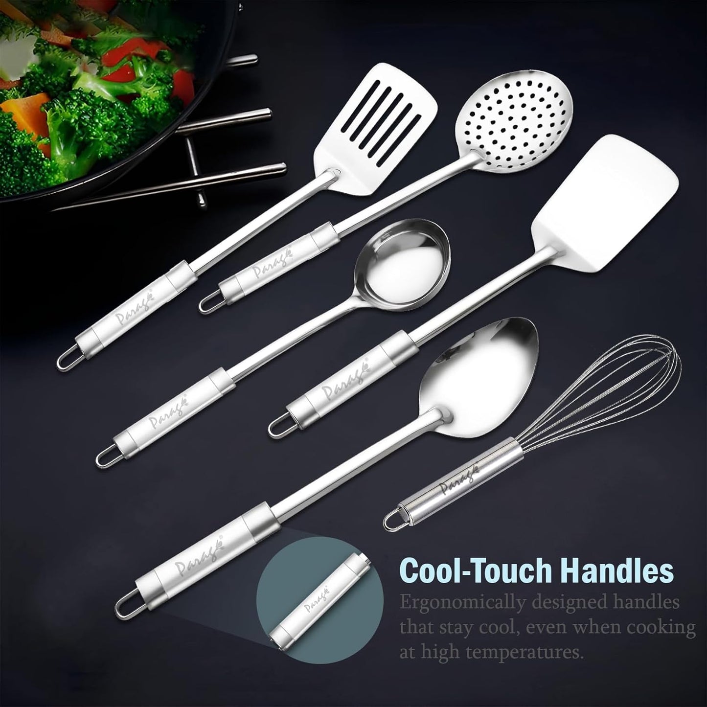 6 Pcs Stainless Steel Kitchen Tools Set for Cooking & Serving – Basting Spoon, Ladle, Slotted Turner, Skimmer, Spatula & Egg Whisk, Silver