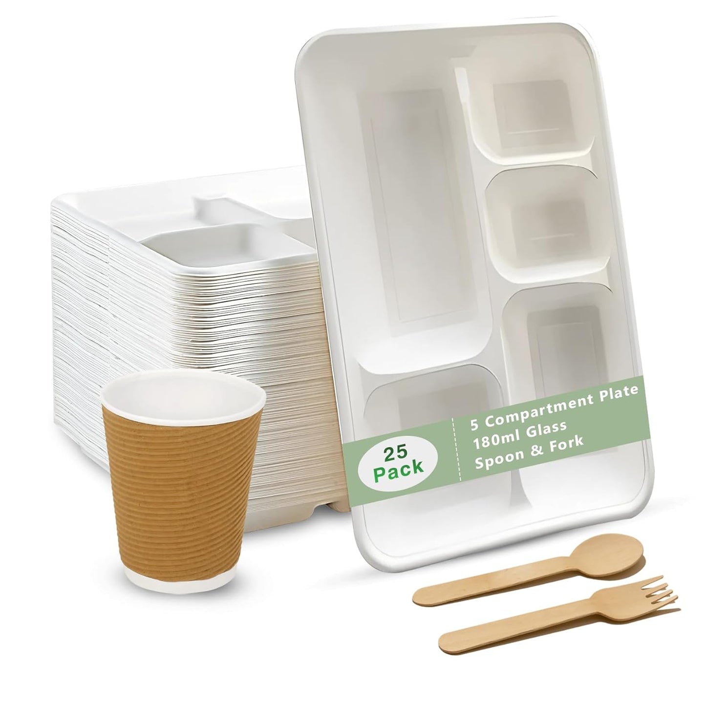 25pc Bagasse Dinnerware Set | 5-Compartment Plates & Bowls