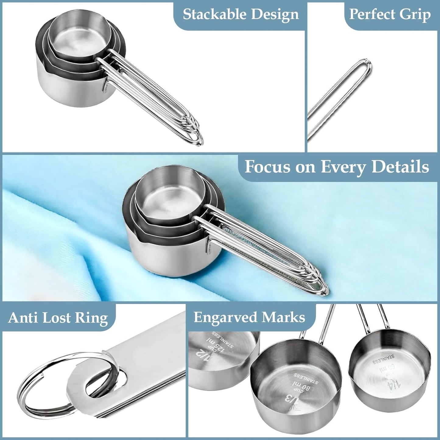 4 Pcs Stainless Steel Measuring Cups – Stackable Professional Set with Wire Handles for Dry & Liquid Ingredients, Cooking & Baking, Kitchen Gadgets