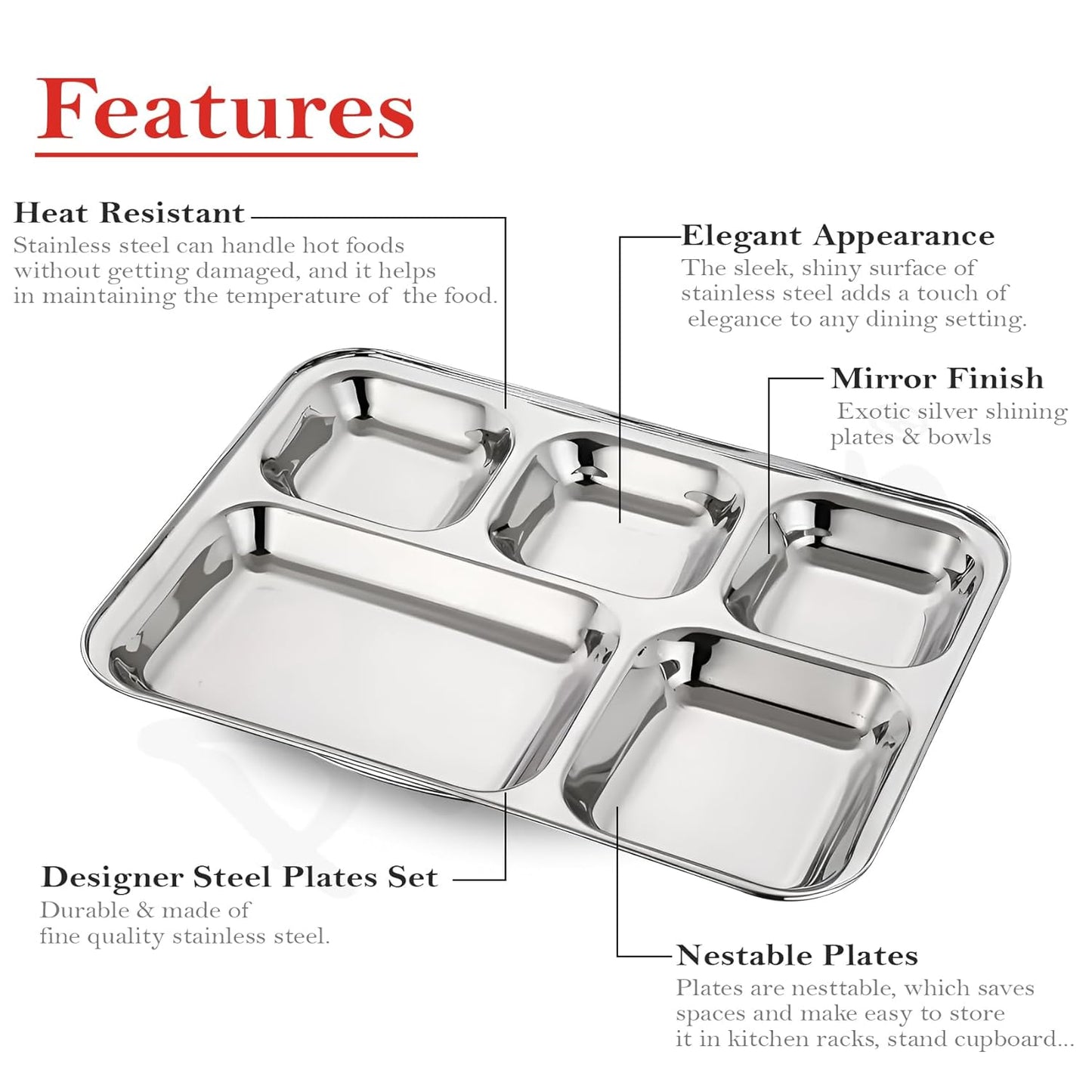 6pc Stainless Steel 3-Compartment Thali | Dinner Plate | Silver6PC3IN1PL1 4