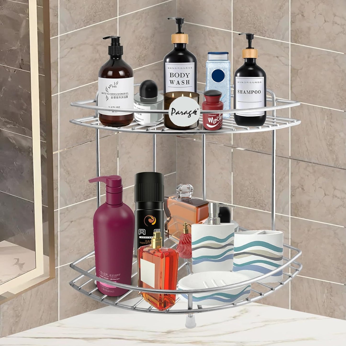 2-Tier Stainless Steel Multipurpose Corner Shelf Rack – Organizer for Kitchen & Bathroom, Wall-Mounted, 23×23×33 cm, Chrome Finish