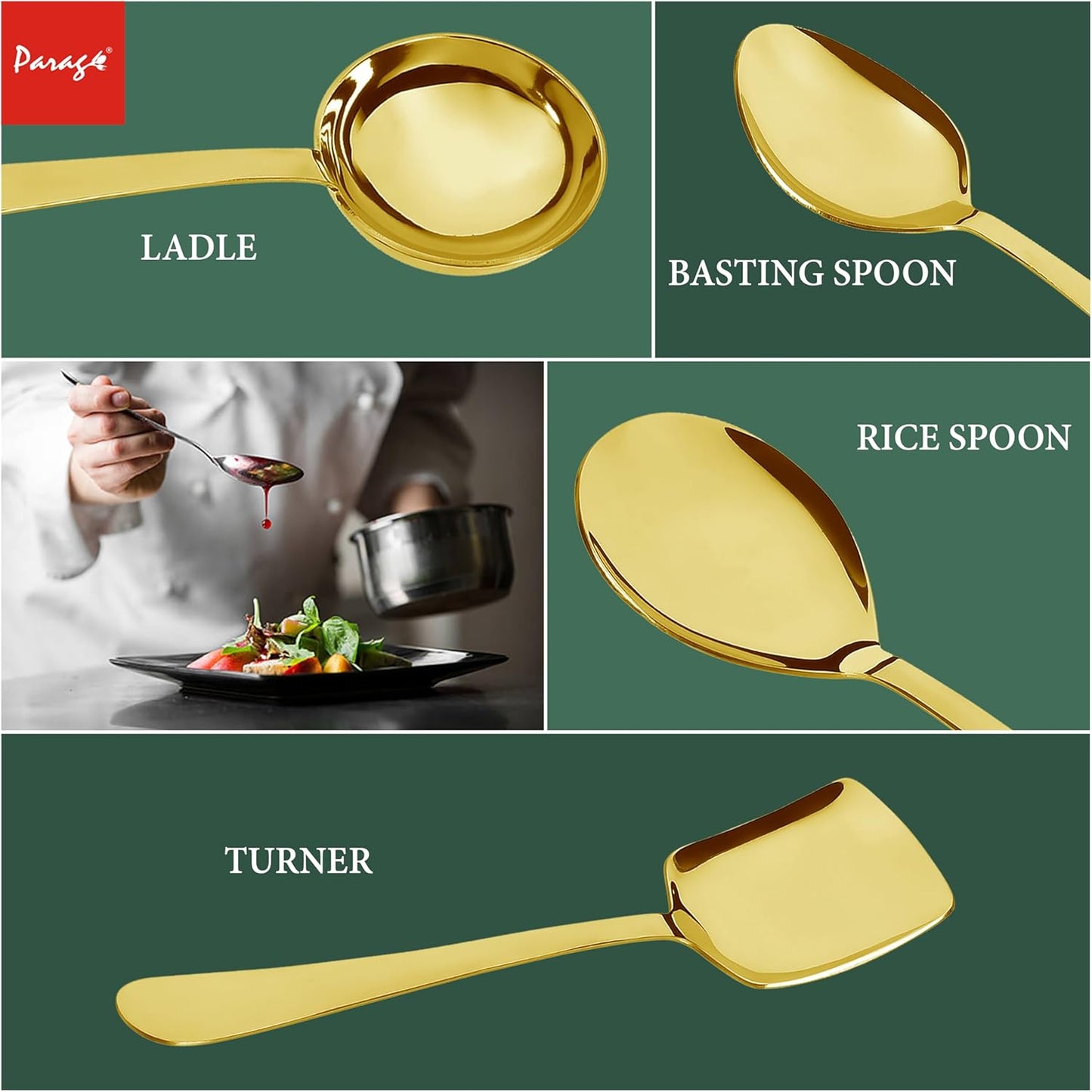 3 Pcs Stainless Steel Gold Serving Spoons Set – Heavy Gauge Kitchen Use