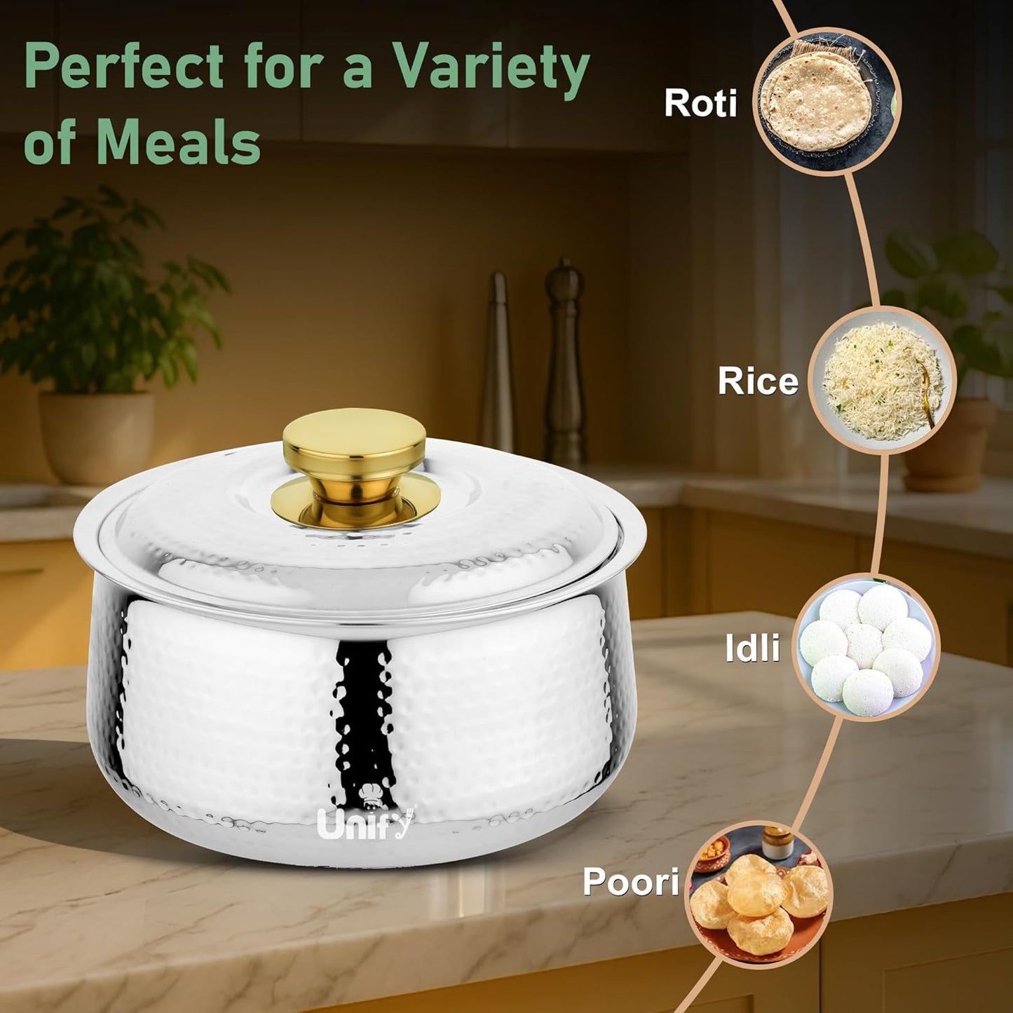 Inox Stainless Steel Insulated Casserole 3000ml | PVD Gold Handle Hot Pot | Hammered Finish, Silver