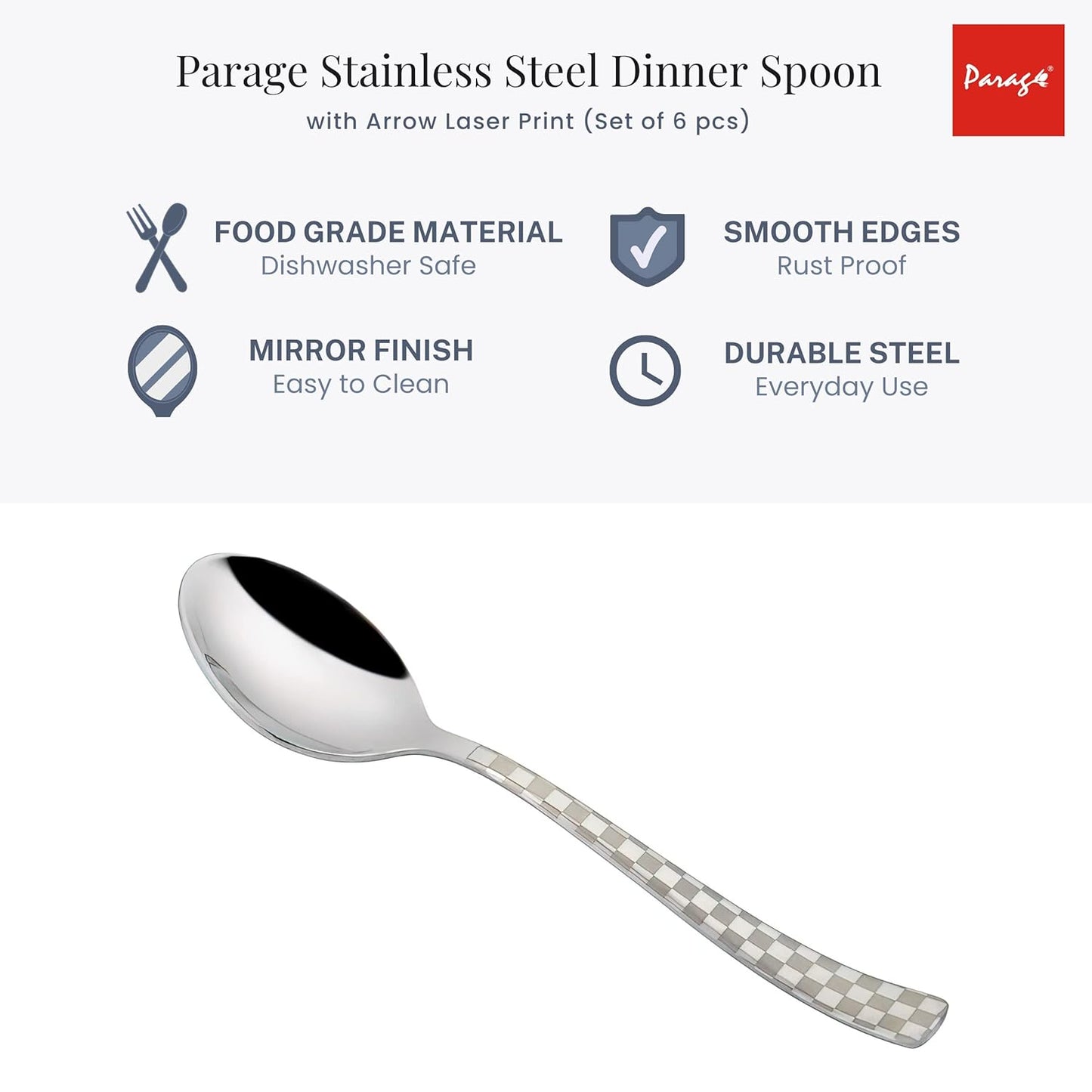 6 Pieces Stainless Steel Premium Dinner Spoon Set, 16 cm, Silver, Checks Design