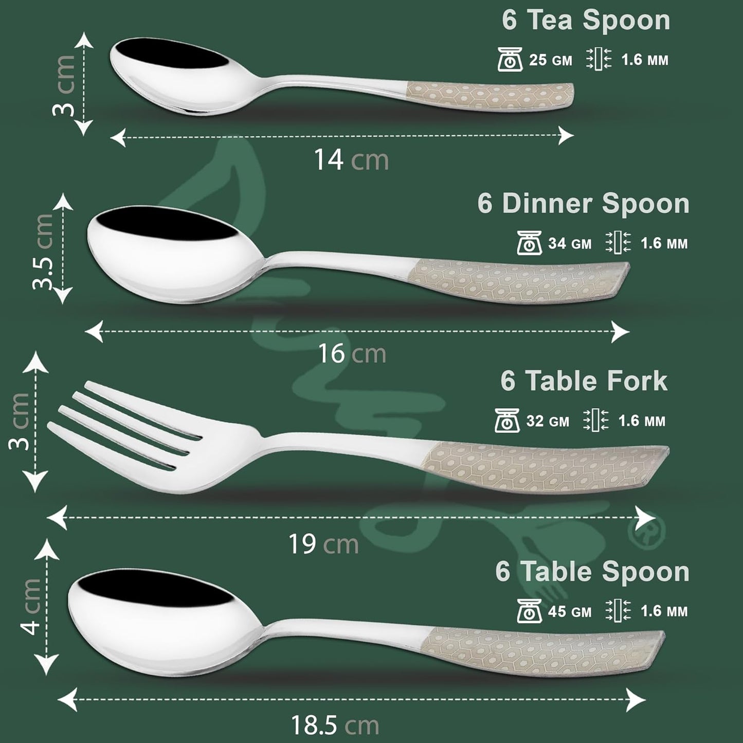 25 Pieces Stainless Steel Cutlery Set with Premium Laser Printed Handles – Includes 6 Tea Spoons, 6 Dinner Spoons, 6 Table Forks, 6 Table Spoons, 1 Stand for Home & Kitchen (Sapphire Dazzle)