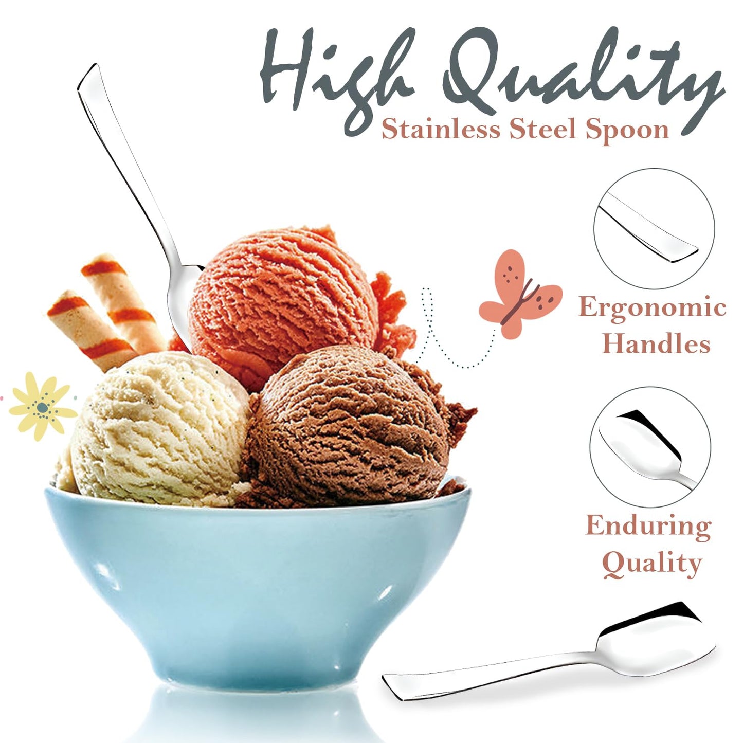 12 Pcs Stainless Steel Ice Cream Spoon Set – Silver, 13.5cm, Food Grade, Durable & Stylish Dessert Spoons for Home & Kitchen