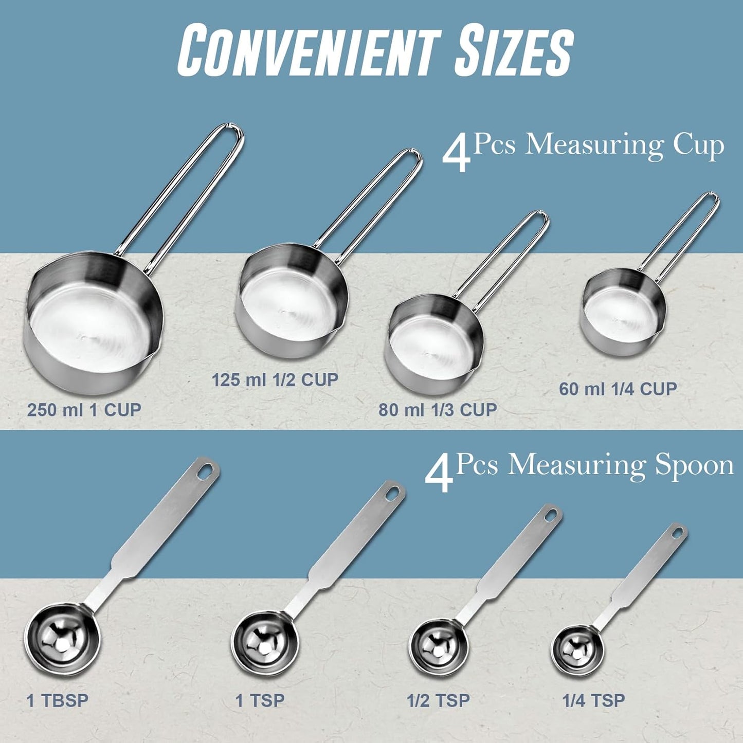 Stainless Steel Measuring Cups & Spoons Combo – 4 Cups & 4 Spoons, Stackable, Professional Kitchen Gadgets for Dry & Liquid Ingredients, Cooking & Baking