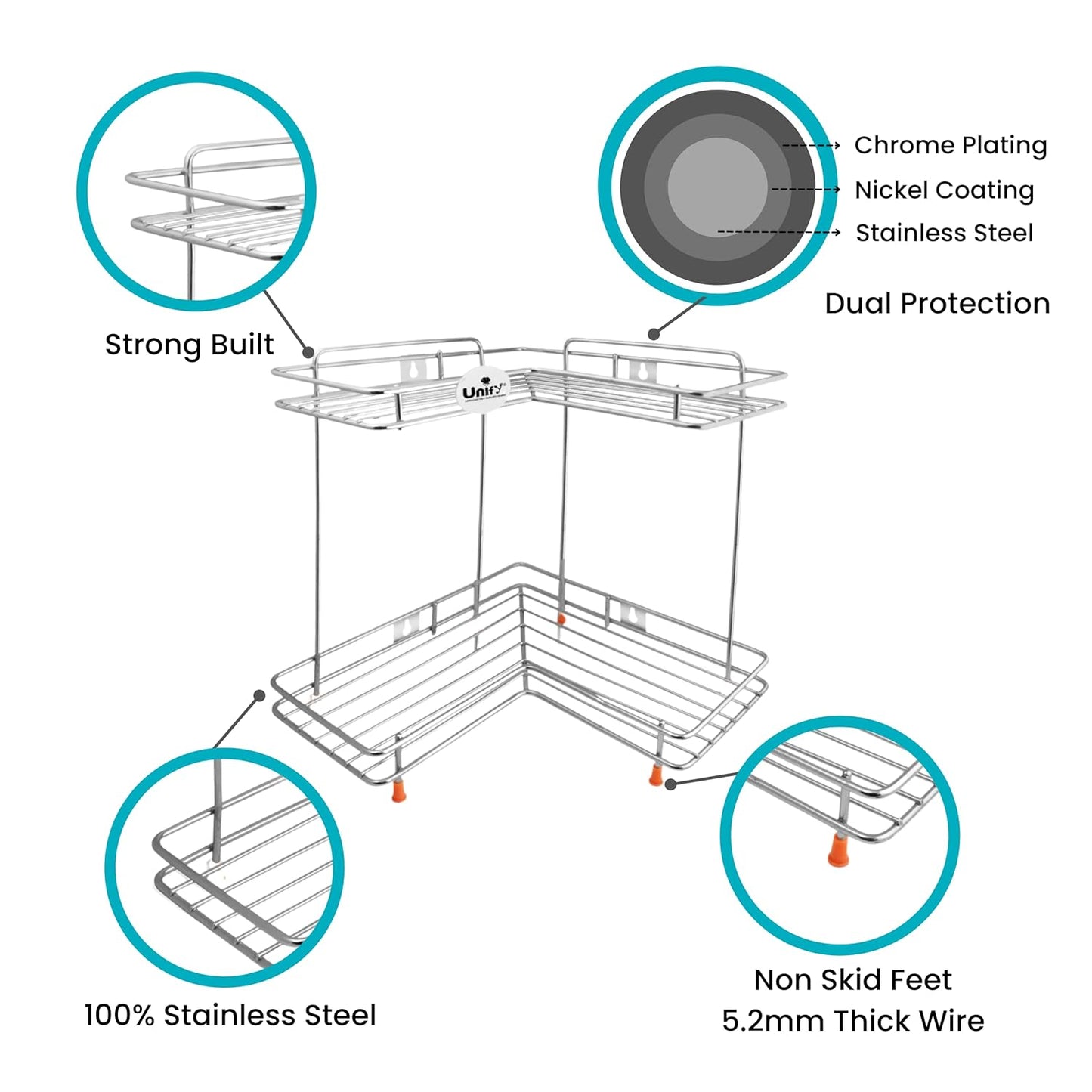 2-Tier Stainless Steel L-Corner Shelf Rack – 31×31×33 cm, Chrome Finish