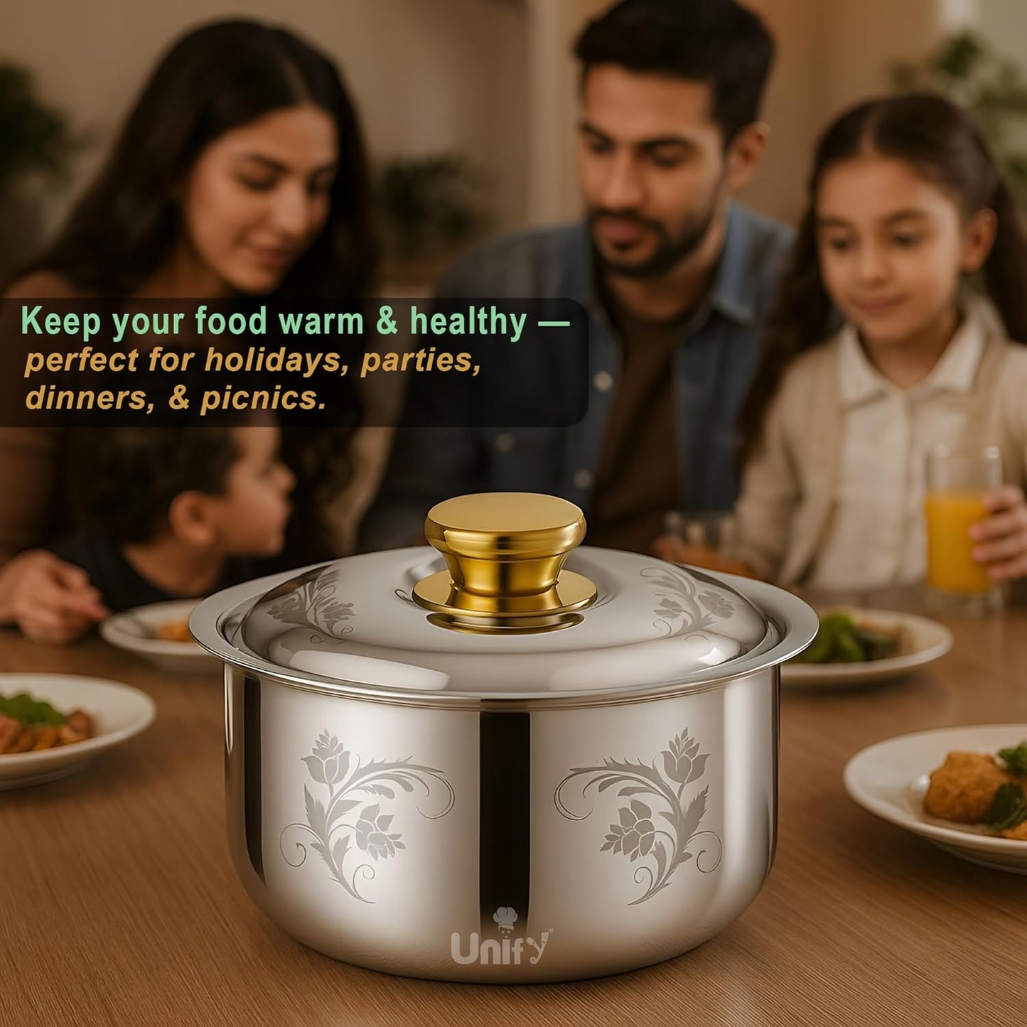 Stelo Stainless Steel Insulated Casserole 2200ml | Floral Design Hot Pot | PVD Gold Handle, Silver