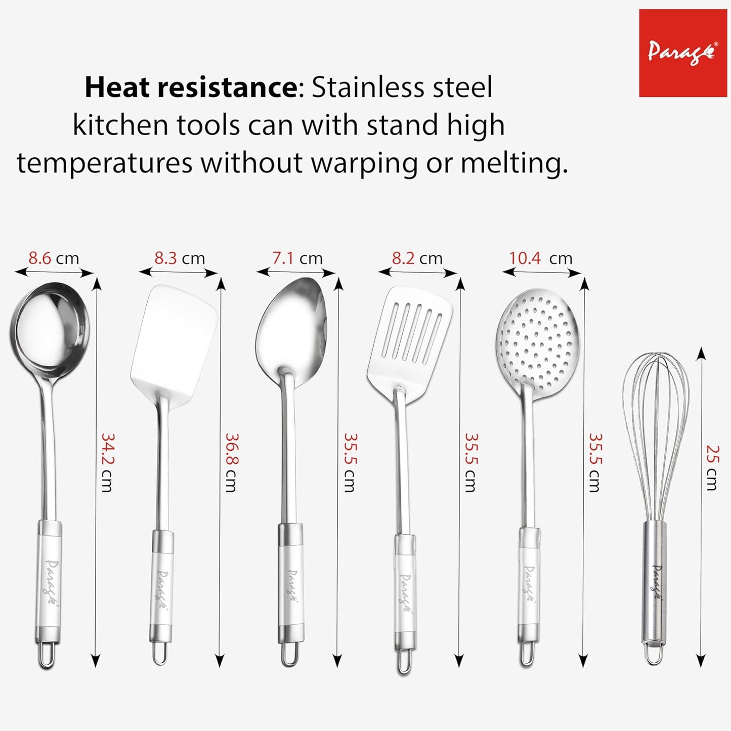 6 Pcs Stainless Steel Kitchen Tools Set for Cooking & Serving – Basting Spoon, Ladle, Slotted Turner, Skimmer, Spatula & Egg Whisk, Silver