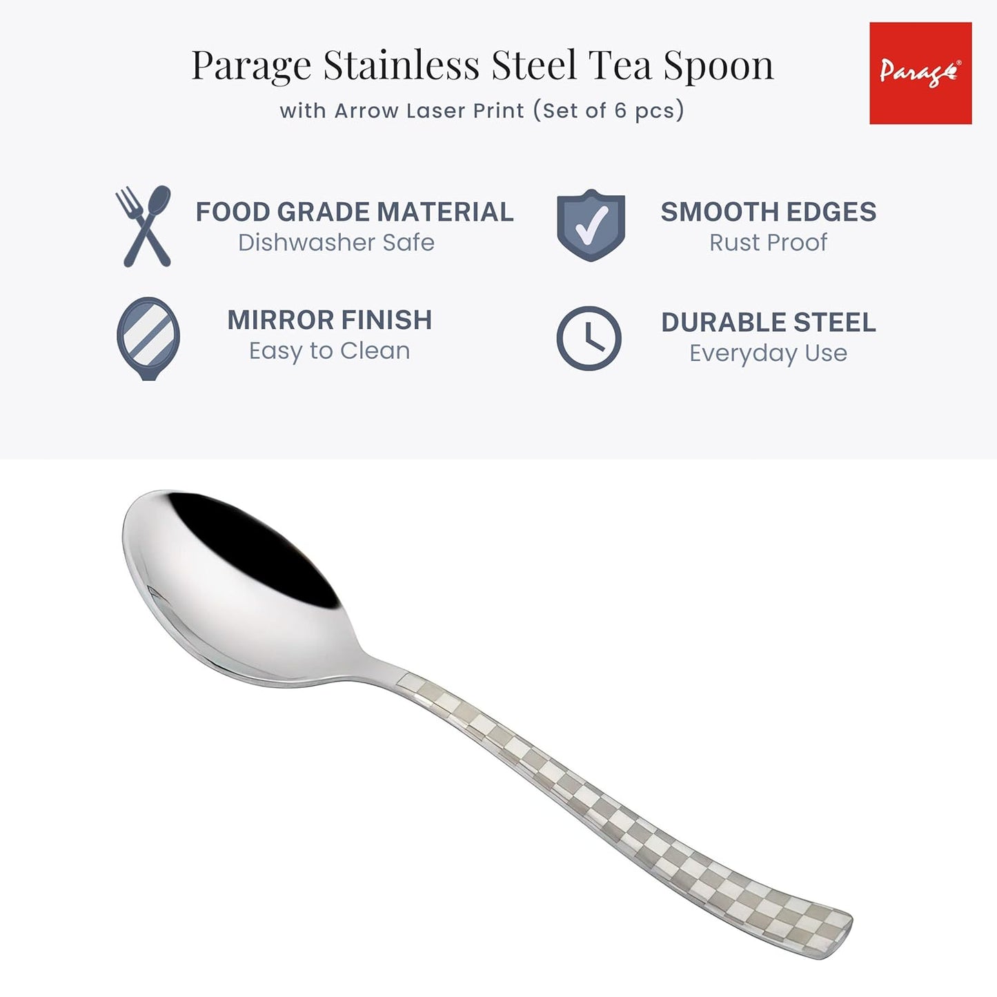 6 Pieces Stainless Steel Premium Tea Spoon Set, 14 cm, Silver, Checks Design