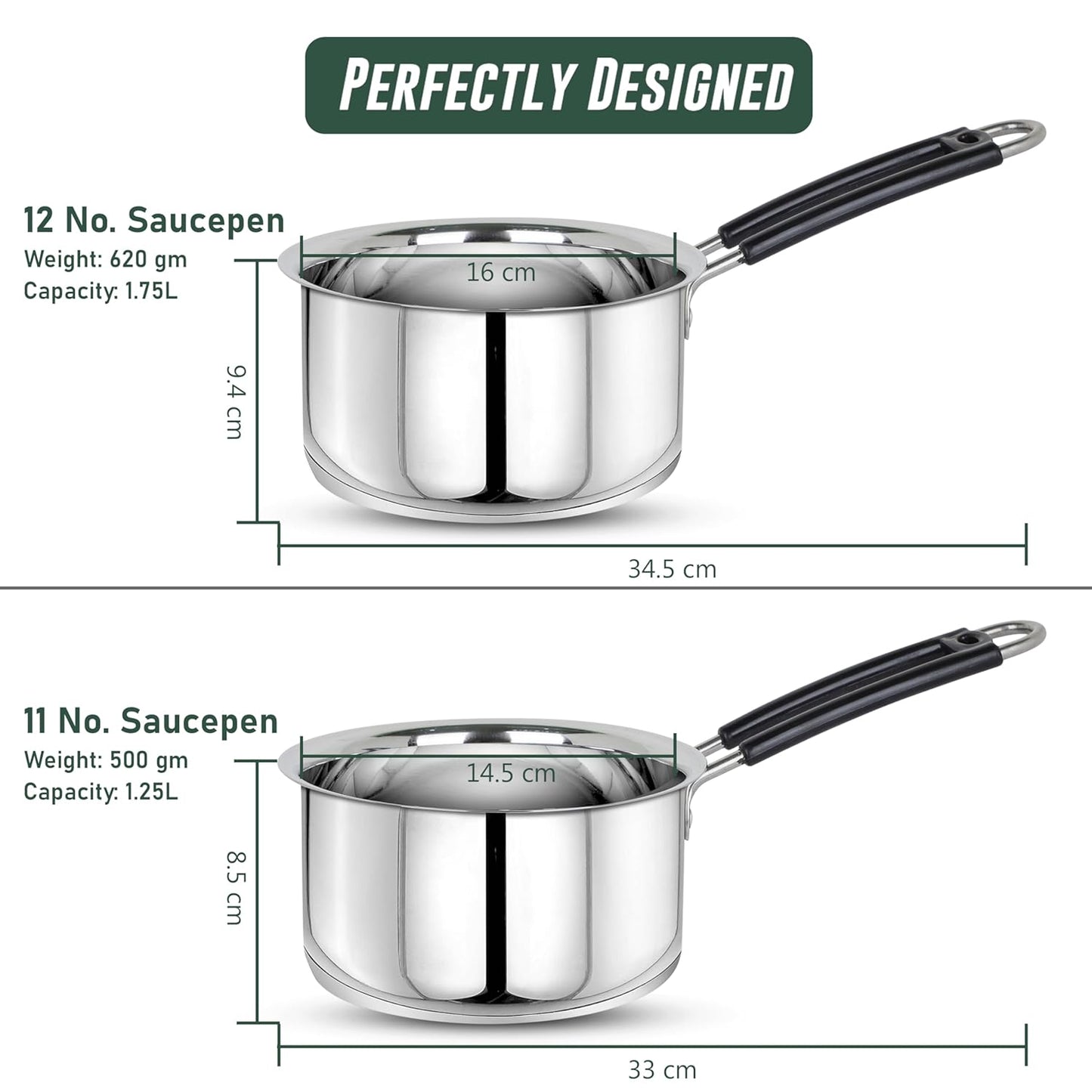2pc Stainless Steel Saucepan Set | 1.25L & 1.75L | Silver
