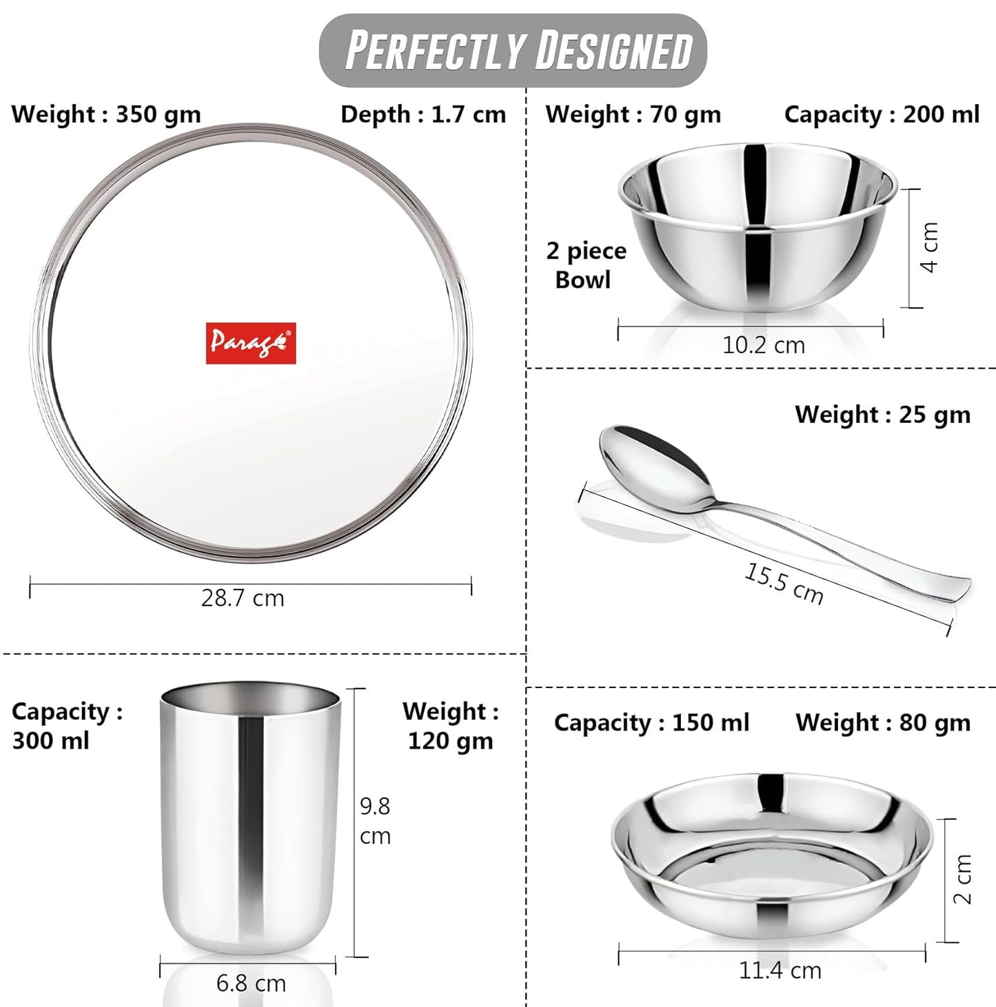 6pc Stainless Steel Dinner Set | Thali Heavy Gauge | Silver
