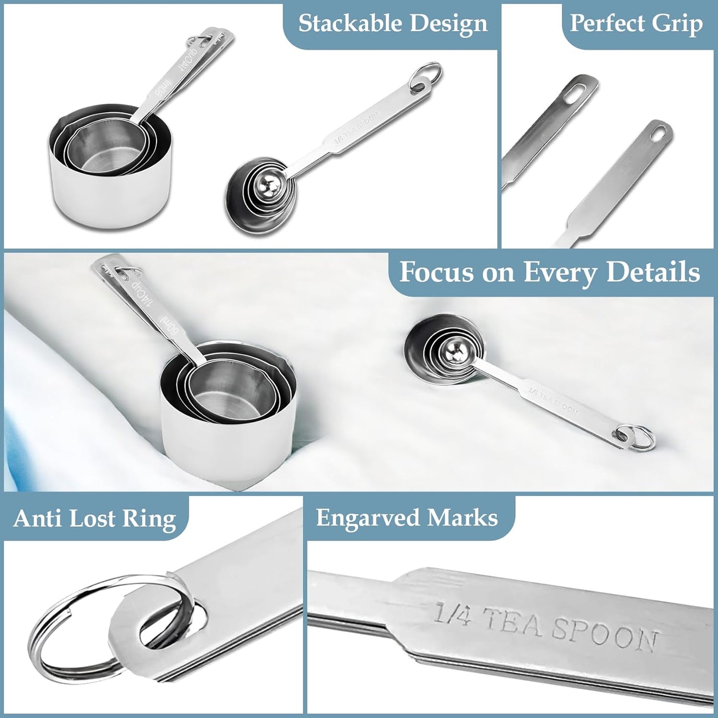 Stainless Steel Measuring Cups & Spoons Combo – 4 Cups & 4 Spoons, Stackable, Professional Kitchen Gadgets for Dry & Liquid Ingredients, Cooking & Baking