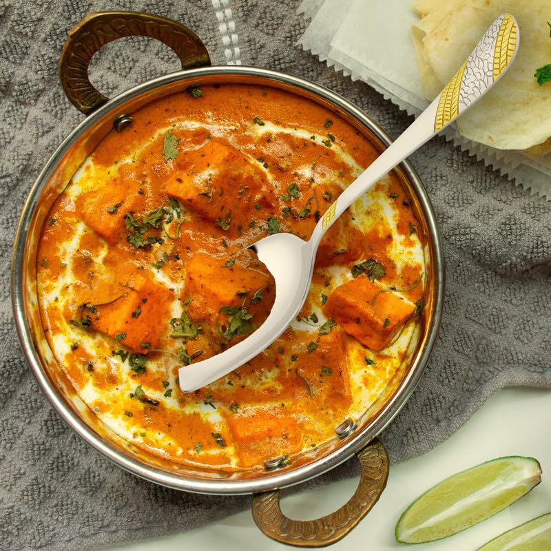 4 Pcs Stainless Steel Gold Serving Spoon Set for Kitchen & Dining – 1.8mm Heavy Gauge, 1 Soup Ladle, 1 Solid & 2 Rice Spoons, 24K Gold (Pack of 4)