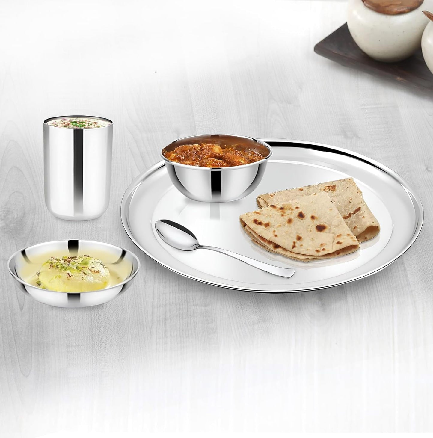 9 Pieces Stainless Steel Heavy Gauge Glass Set – Scratch Resistant Serving Glasses, 300ml for Water & Juice, Silver, Dia 6.5 cm, Height 10 cm