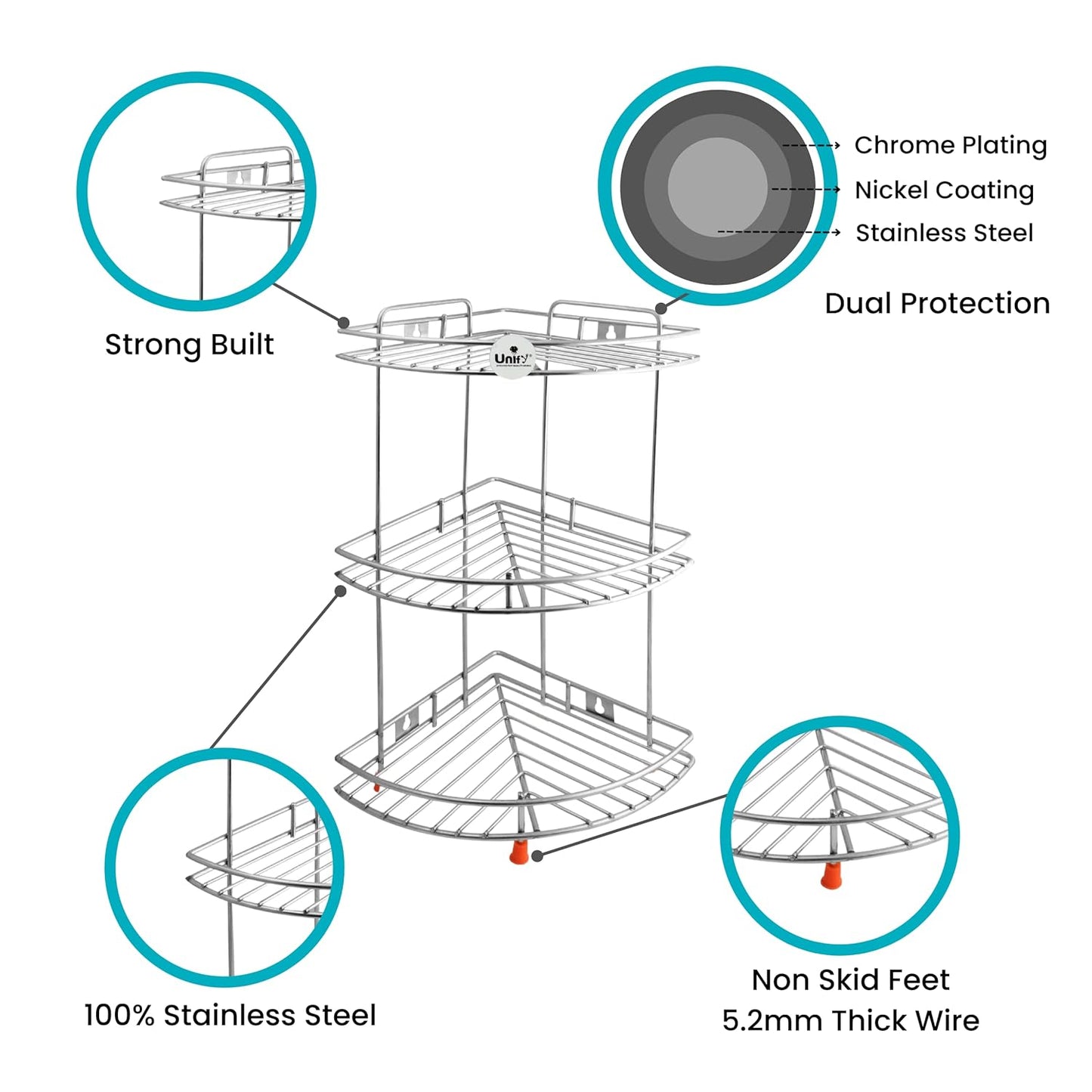 3-Tier Stainless Steel Kitchen Rack – Multipurpose Organizer & Corner Shelf for Kitchen & Bathroom, Wall-Mounted, 23×23×48 cm, Chrome Finish