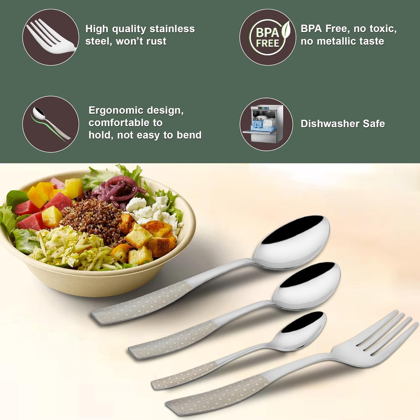 24 Pieces Stainless Steel Premium Cutlery Set for Home & Kitchen – Includes 6 Table Spoons, 6 Table Forks, 6 Dinner Spoons, 6 Tea Spoons, Luxury Dining Tableware, Silver Dazzle Design