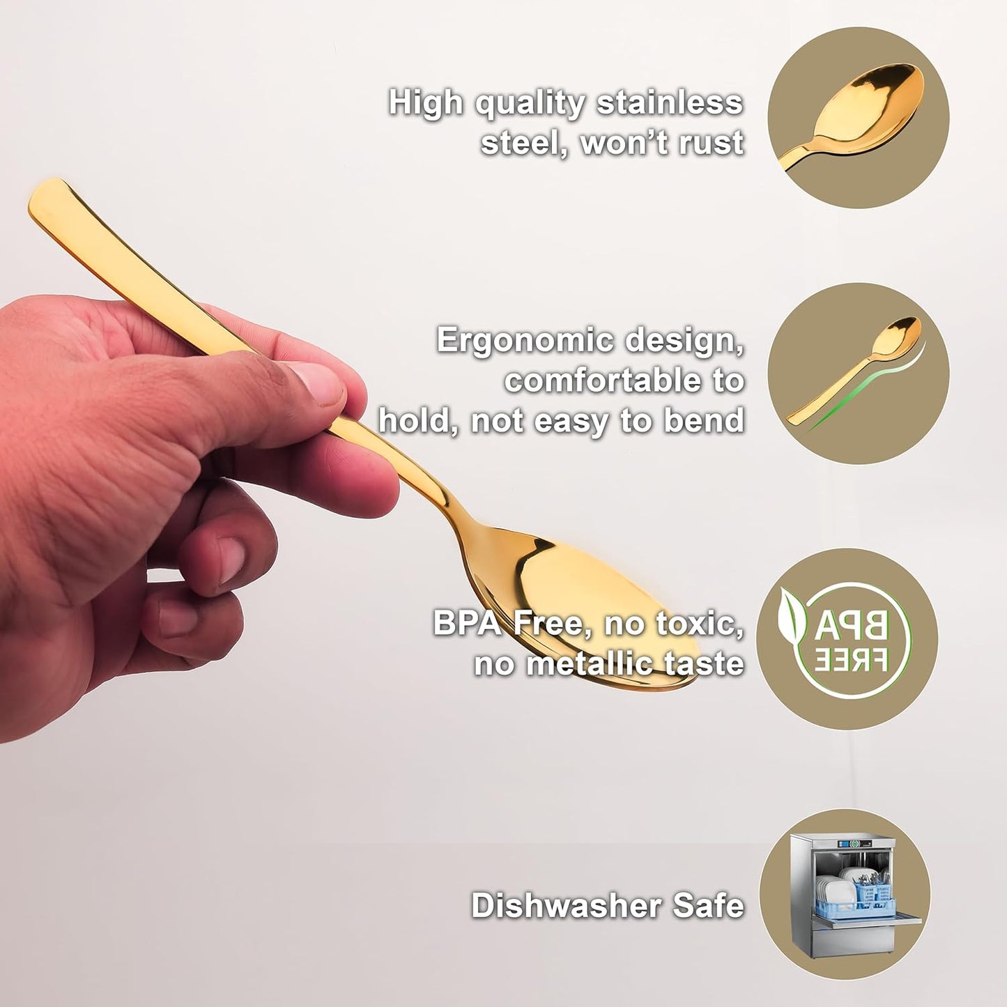 6 Pcs Stainless Steel Gold Spoon Set – 18cm, Premium Large Spoons for Home & Kitchen, Luxury Tableware, Housewarming Gift, Set of 6