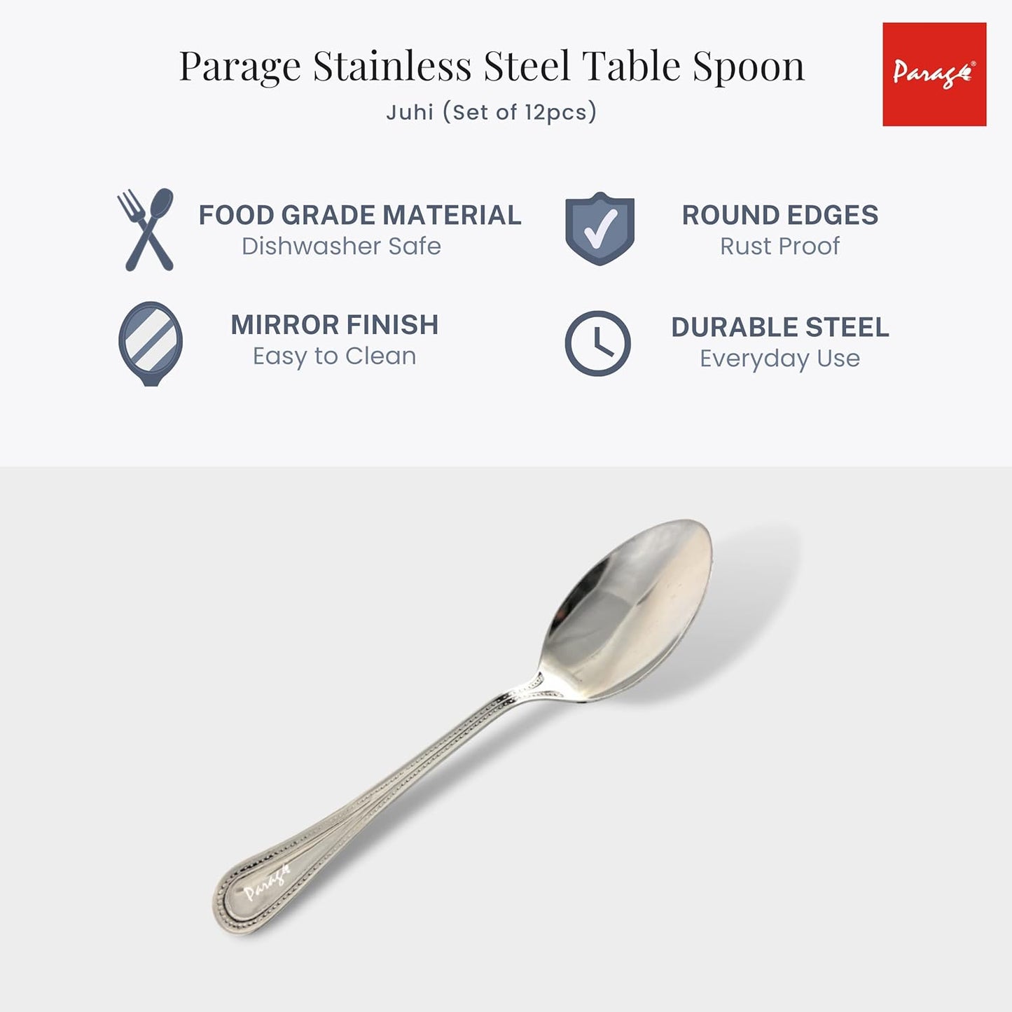 12 Pcs Stainless Steel Dinner Spoon Set | 15.5 cm Juhi Table Spoons Silver