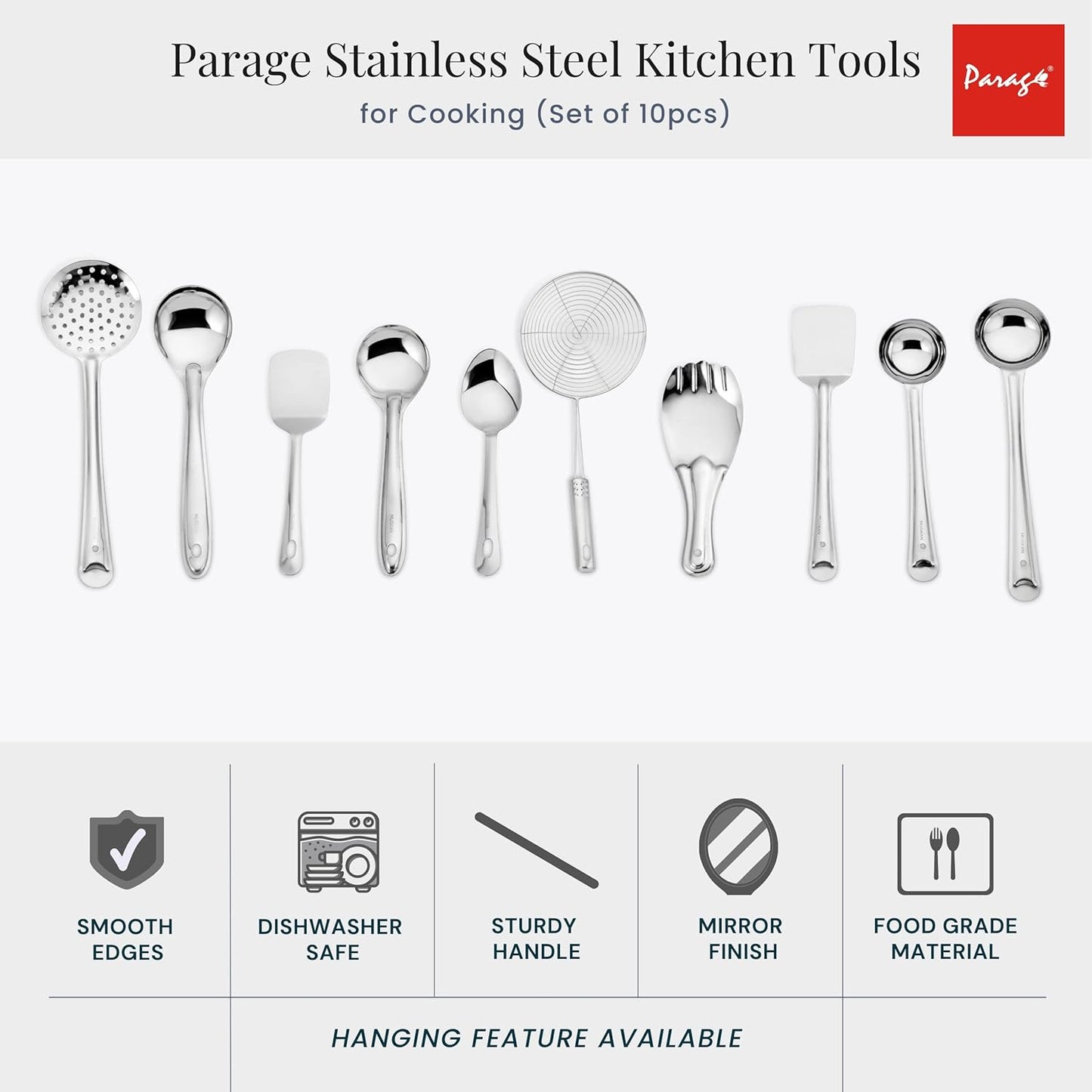10 Pcs Stainless Steel Cooking Spoons Set for Kitchen – Ladle, Turner, Strainer, Rice Spoon, Oval & Serving Spoons, Essential Home Set
