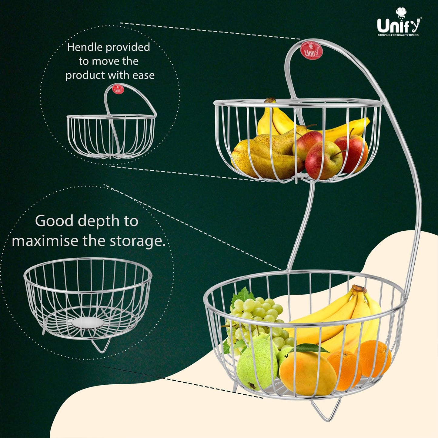 Stainless Steel 2 Tier Fruit Basket for Dining Table & Kitchen | Fruit & Vegetable Storage Rack, Silver