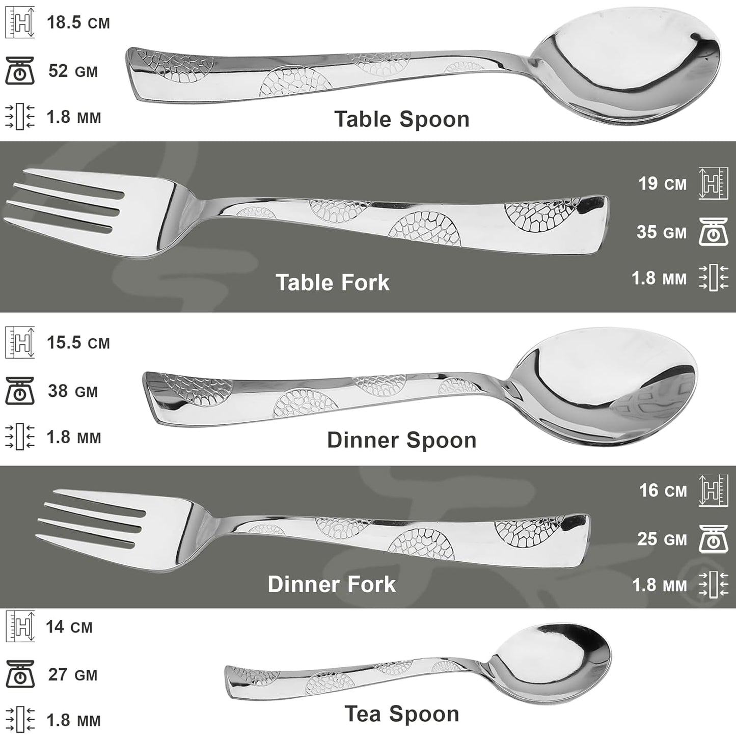 6 Pcs Stainless Steel Spoon Set – 18.5cm, Premium Large Spoons for Home & Kitchen, Luxury Tableware Cutlery, Housewarming Gift, Silver, Moonpress Design